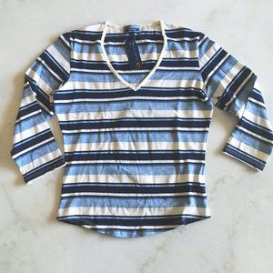 New! NWT authentic Y2K vtg Bluenotes striped v-neck 3/4 sleeve top, blue & white